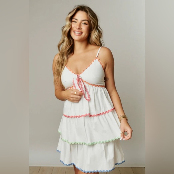 Peach Love California Dresses & Skirts - Peach Love White Tiered Scalloped Colorblock Trim Mini Dress with Bow Front